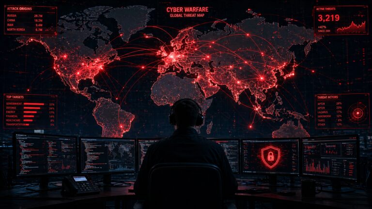 Global cyber warfare command center showing a world map with active cyber attacks, threat intelligence dashboards, and network intrusion monitoring